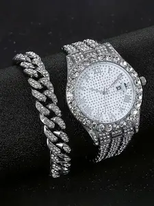 Men's Rhinestone Decorated Watch & Jewelry Set, Including Round Dial Analog Quartz Watch & Cuban Chain Necklace & Bracelet, Trendy All-match & Exquisite Watch Set for Gift