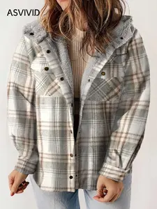 [Palette Exclusive] Plus Size Plaid Print Button Front Drop Shoulder Fuzzy Hooded Coat, Casual Long Sleeve Pocket Outerwear for Fall & Winter, Women's Clothes for Daily Wear, Loose Fit Jacket