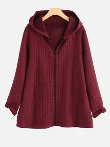 Women's Plus Size Textured Jacquard Hooded Jacket with Zipper, Casual Long Sleeve Coat for Fall & Winter, Comfortable Fashion Outerwear