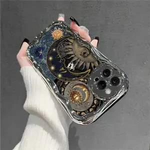 Celestial Silicone Smartphone Case - Sun & Moon Motifs, Electroplated Shockproof Waterproof Protection Cover, Mobile Phone Accessory for Stargazers, Compatible with iPhone 11 Pro/12/13/14/15/16/17/17 Air