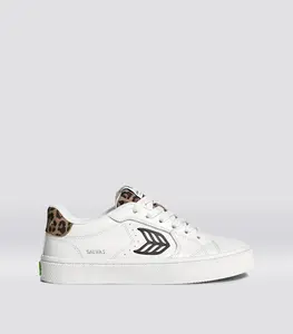 SALVAS Leather White Black Logo Leopard Print