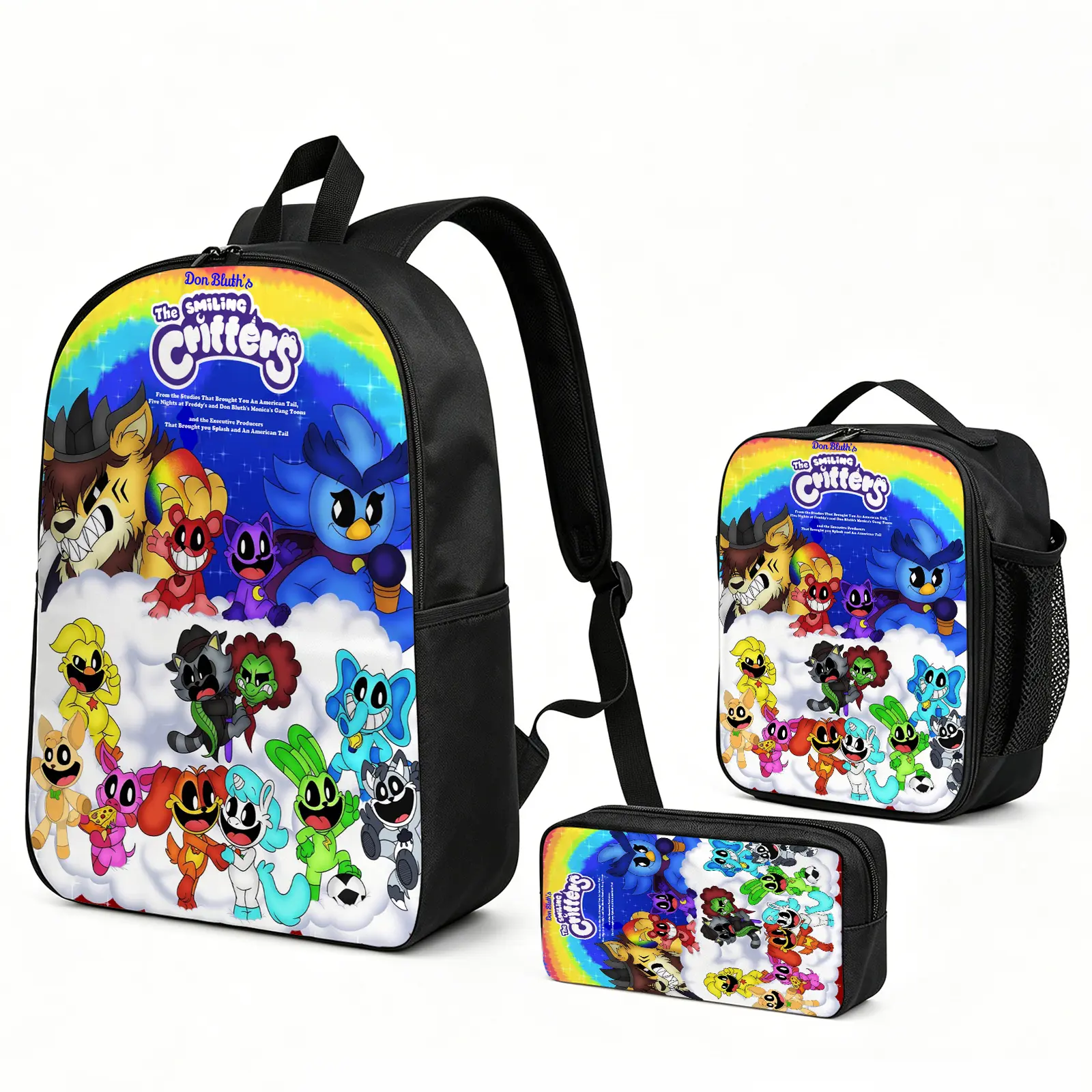 Smiling Critters 3pcs Character-Themed Backpack Set, Water Resistant Back to School Haul with Vibrant Print, Durable 14-Inch Laptop Bookbag, Insulated Lunch Tote & Pencil Bag for Teens, Jujutsu Kaisen Character Backpacks e-179