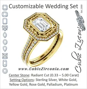 CZ Wedding Set, featuring The Sydney Ava engagement ring (Customizable Cathedral-Bezel Radiant Cut Filigreed Design with Halo & Pavé Accents)
