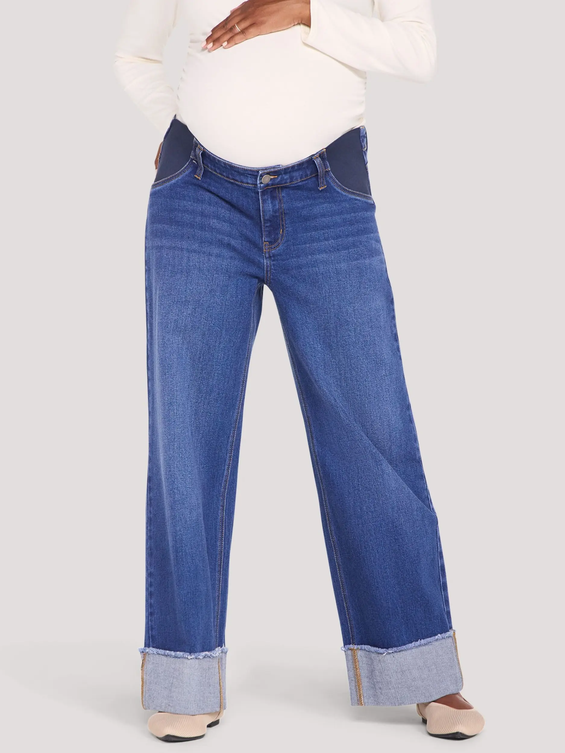 Motherhood Maternity Women's Under the Belly Wide Leg Elastic Panel Jeans - Trendy Pregnancy Pants