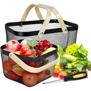 2 Pack Harvest Basket, Mesh Wire Basket with Handle, Rectangle Baskets for Gathering Vegetables, Fruits,, Home Cabinet Closet and Office(Black)