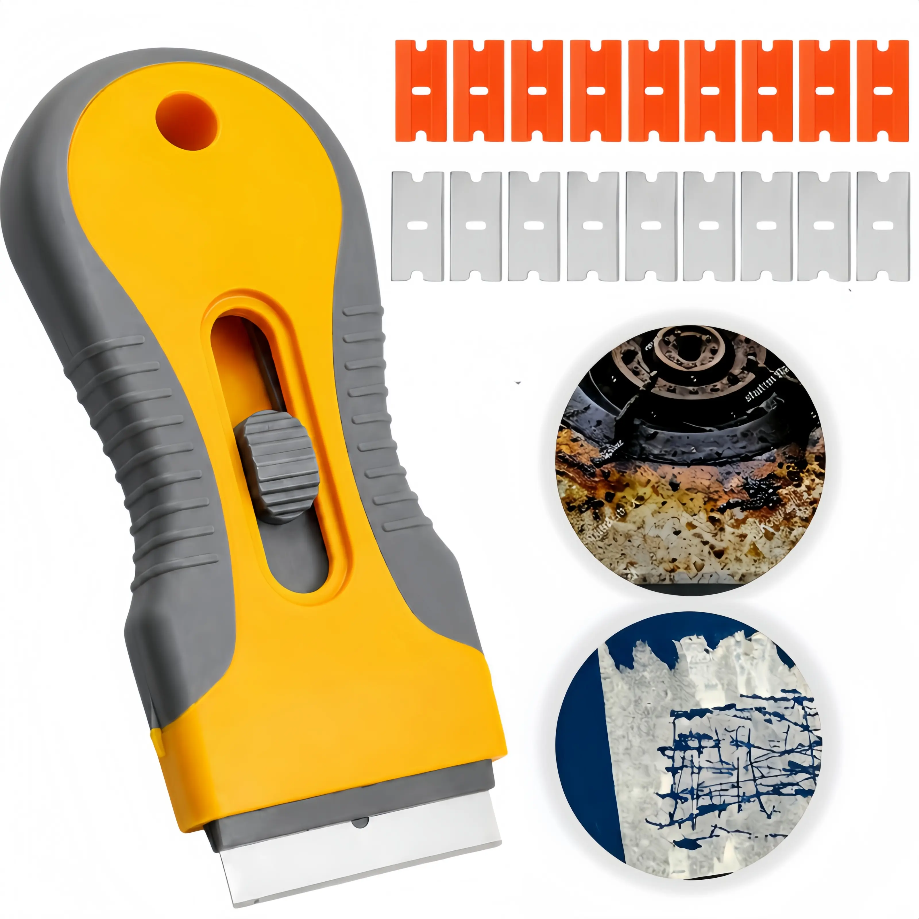 Retractable Glass Scraper Tool with 20 Replacement Blades, Sticker Glue Residue Remover for Windows Stovetops Tiles, Paint Label Decal Vinyl Remover,Plastic Mirrors Rubber Vinyl