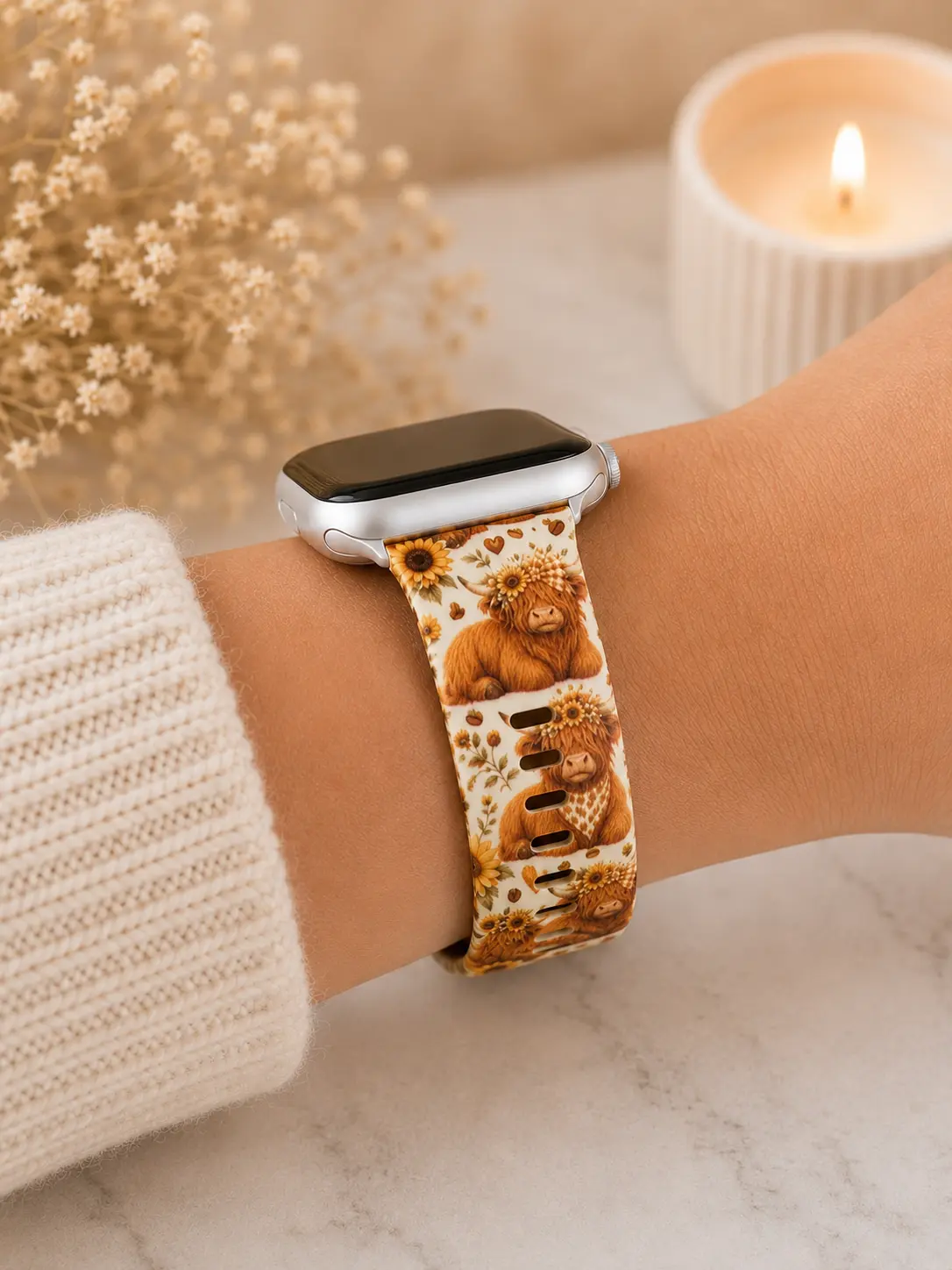 Highland Cow Sunflower Watch Band | Cute Cow Floral Watch Strap | Western Boho Band