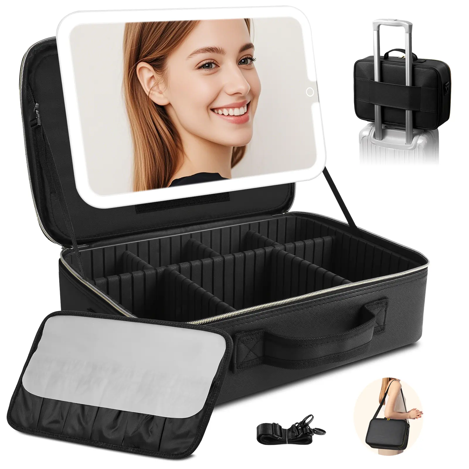 【Large Size】Portable Makeup Bag With Removable Led Mirror, Waterproof PU Leather Travel Case, Adjustable Dividers & Brush Storage, Professional Cosmetic Organizer， Mother’s Day Gift，Vacation/Travel Essential，Sprint Break