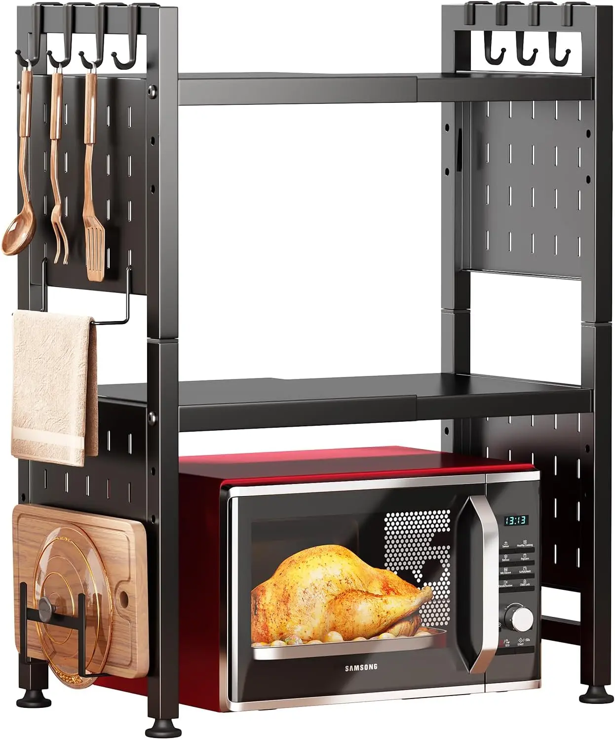 17.4"- 27.4" Expandable Microwave Stand, 3-Tier Heavy Duty Adjustable Height Microwave Oven Rack with 9 Hooks and  Board Holder, Countertop Kitchen Shelf Organizer, Holds up to 180 lbs, Black