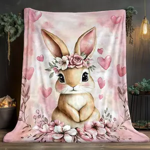 Cute Easter Bunny Rabbit Lover Gift Soft Cozy Flannel Blanket Watercolor Pink Floral Heart Bunny Print Plush Throw Warm Fuzzy Bedroom Sofa Blanket Perfect Easter Birthday Holiday Gift for Women Girls Kids Toddlers Home Decor
