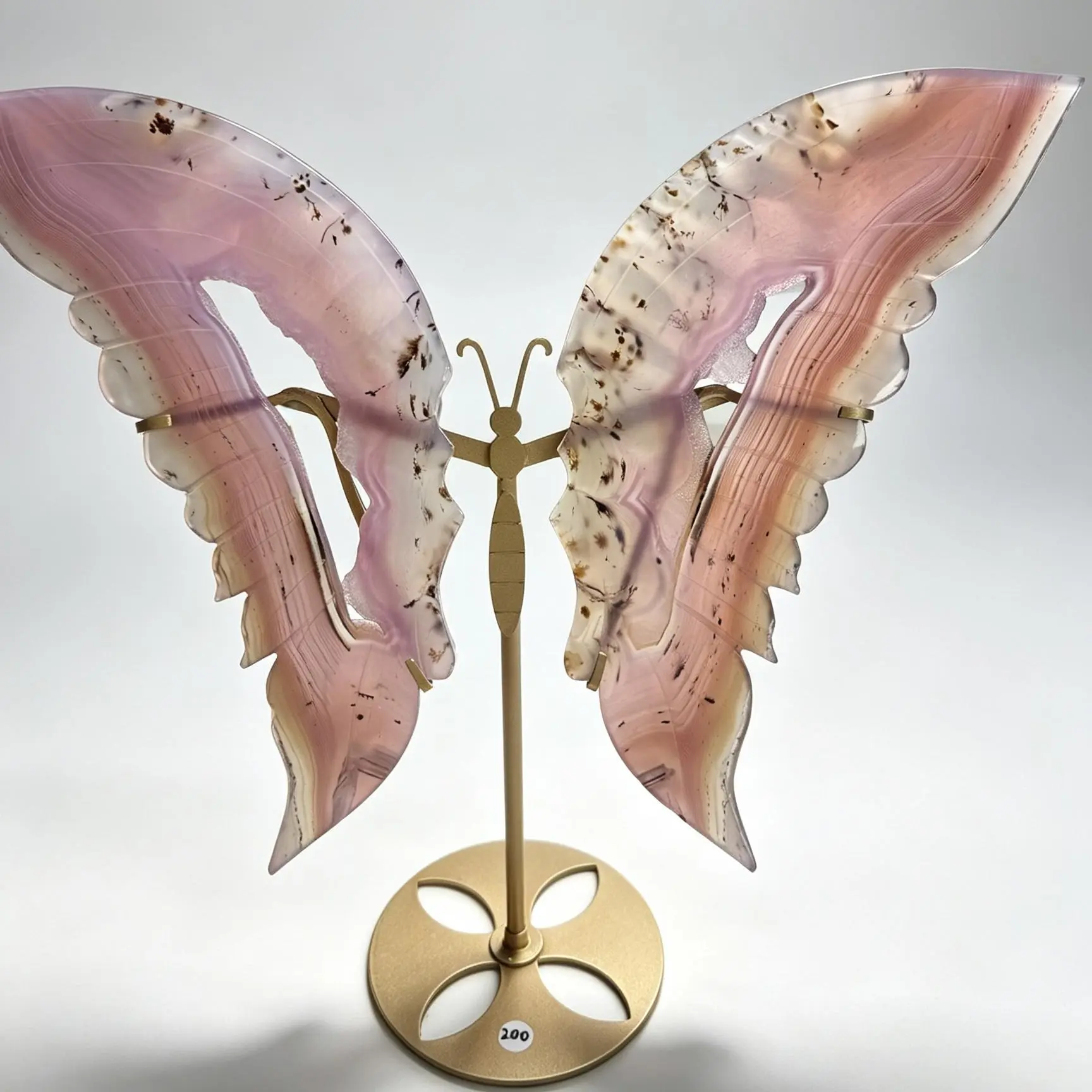 Pink Jelly Agate Crystal Butterfly Wings Sculpture with Gold Stand - Natural Crystal Home Ornament for Elegant Shelf Decor