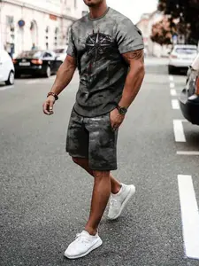 Men's 3D Printed Casual Round Neck T-Shirt Set, Breathable Outdoor T-Shirt and Shorts Set, Summer Adult Wear, Slim-Fitting, All Seasons