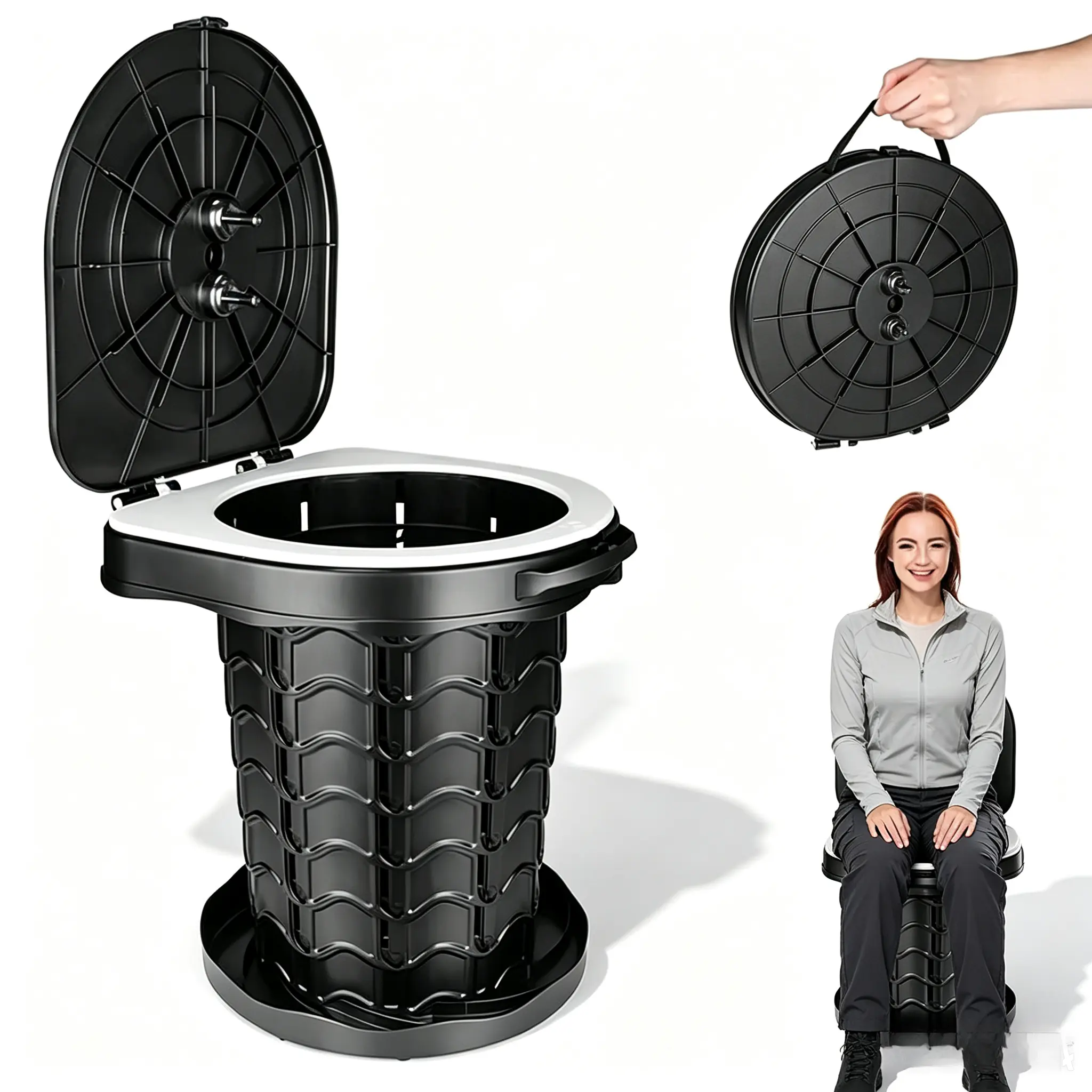 Camping Toilet Seat, 2026 Upgrade Retractable Portable Toilet with Adjustable Height, Travel Toilet for Adults & Kids, Foldable Portable Potty for Camping and Car Trips
