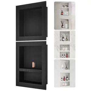 Black Tile-Friendly Recessed Wall Shower Niche with Waterproof Sealant, 16x16/20in Sizes, Mesh Texture, Adhesive-Ready Mounting Kit, Triple Layer Shelf Organizer, Square Corners, Sealed Bathroom Storage