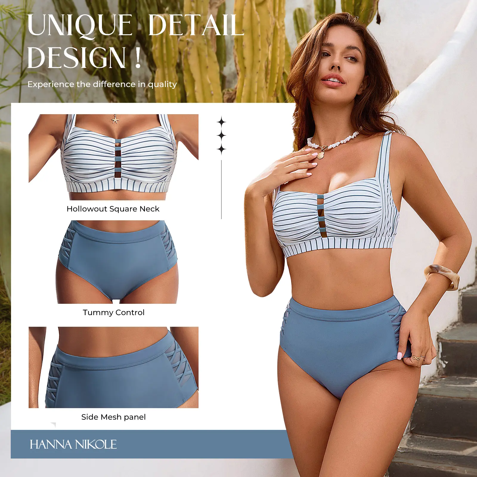 【Runs Small | Size Up】【S-XL】Hanna Nikole Women's Bikini Sets High Waisted, 2 Piece Bathing Suit Tummy Control, Push Up Cutout Ruched Swimsuit Beachwear #DealsForYouDays #SummerWins SummerFinds Side Mesh Panel Hollowout Square Neck#tiktokshopsummersale