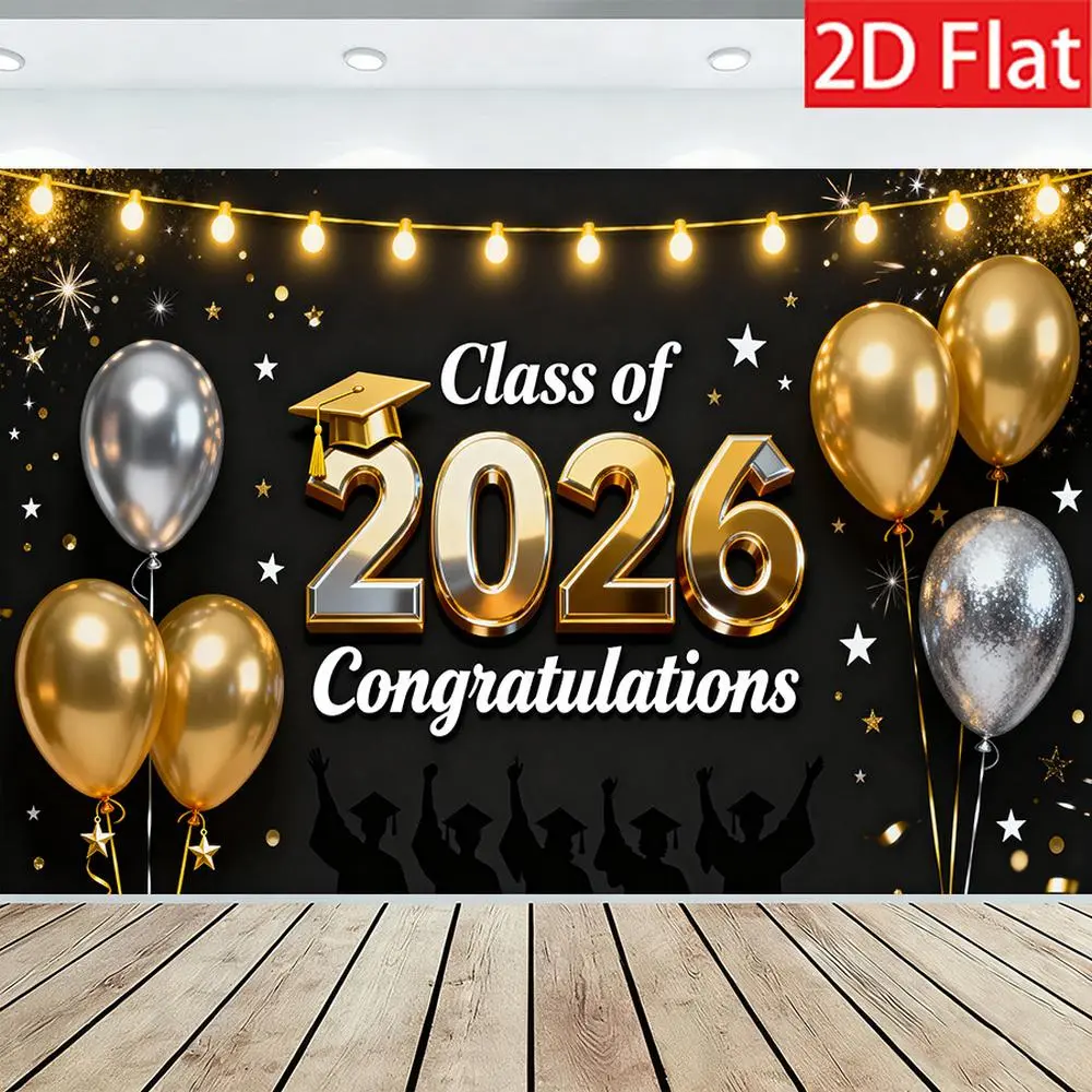 2D Flat Polyester Photography Backdrop Banner, HD Digitally Printed Soft Lightweight Foldable Cloth, Black-Gold-Silver Class of 2026 Graduation Congratulations Theme, Graduation Decorations 2026 for High School College Party Event Photos, 2026 Graduation