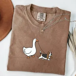 Comfort Colors Basset Hound Dog T-Shirt, Goose and Dogs Graphic Tee, Funny Basset Dog Mom Shirt, Silly Goose Walking Dog Top, Gift For Dog Lovers, Dog Moms