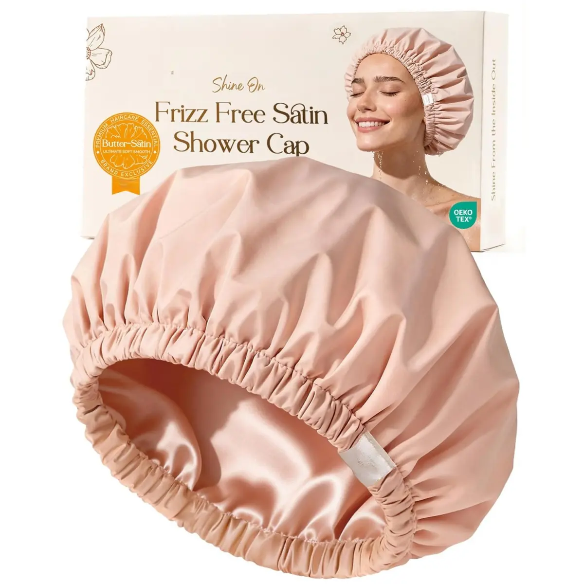Women's Reusable Satin-Lined Waterproof Shower Cap - Large Bathroom Bath Cap with Soft Elastic Band for Frizz-Free Hair Protection (Peachy Pink)