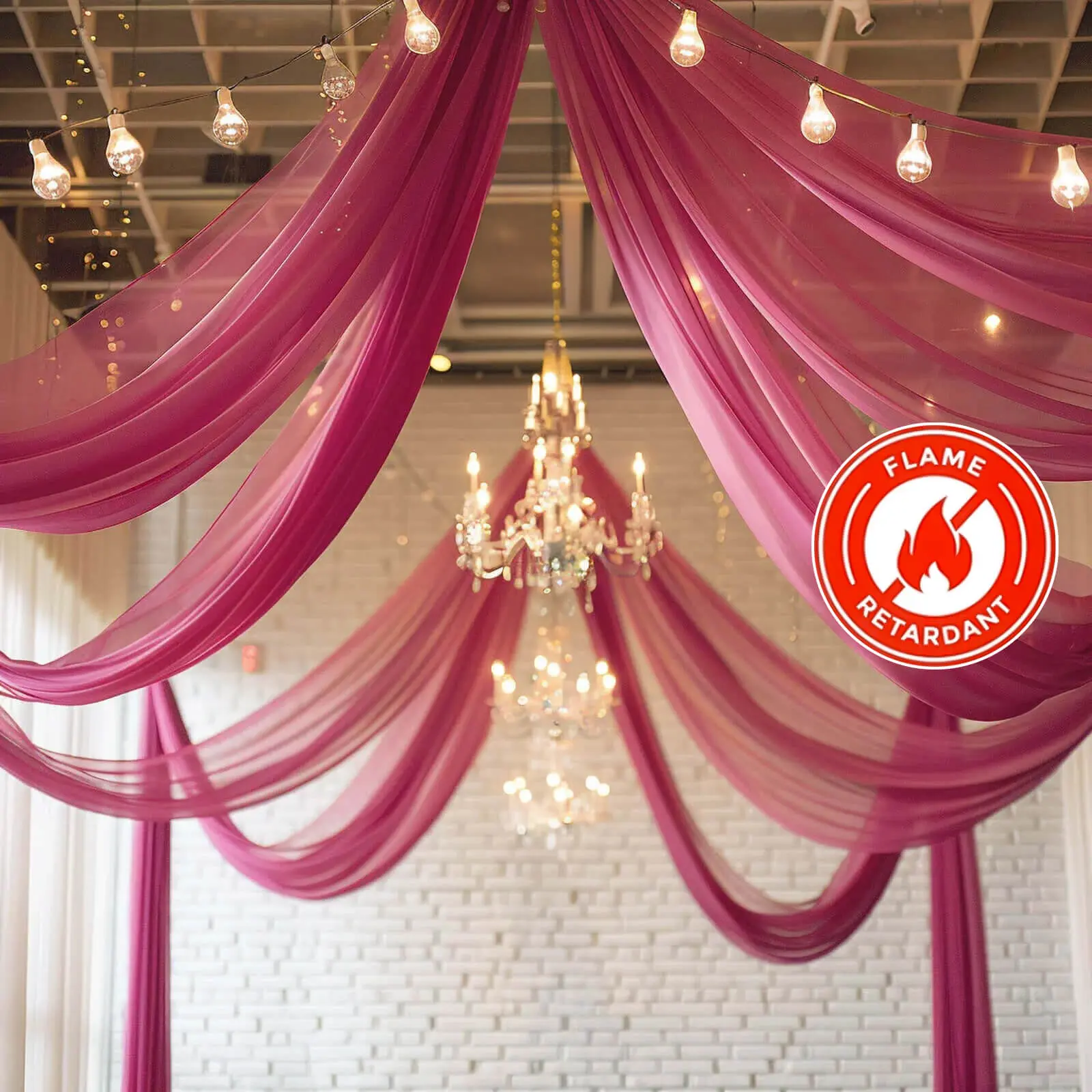 5ftx32ft Fuchsia Chiffon Curtain Panel - Durable Flame-Resistant Backdrop Curtains with Rod Pocket, Ceiling Drapes for Wedding, Party Decor, Birthday, Graduation, Business Events