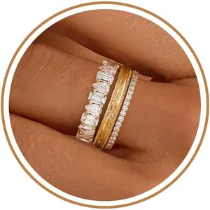Stackable Gold Rings for Women Non Tarnish Chunky 14K Gold Plated Rings that Don't Tarnish Engagement Cubic Zirconia Ring Set Stack Dainty Pinky Wedding Bands Thumb Rings Gold Jewelry Size 6-11