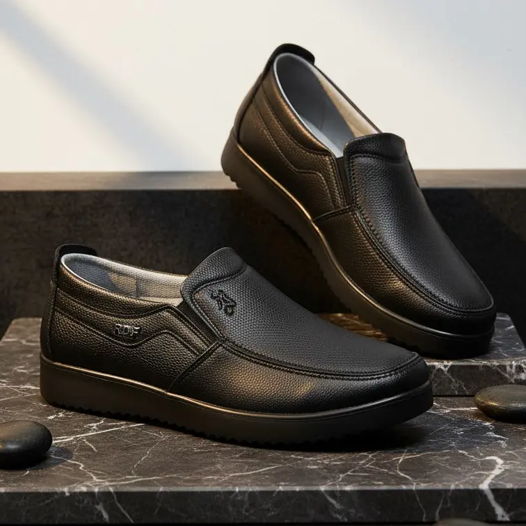 Men's Black Leather Loafers - Slip-On Men's Shoes with Rivet Detail, Comfortable, Water-Resistant, Non-Slip, Flexible, Wide Round Toe, Rubber Sole, Ankle Height, All-Season Espadrille for Outdoor Walking, Black Loafers