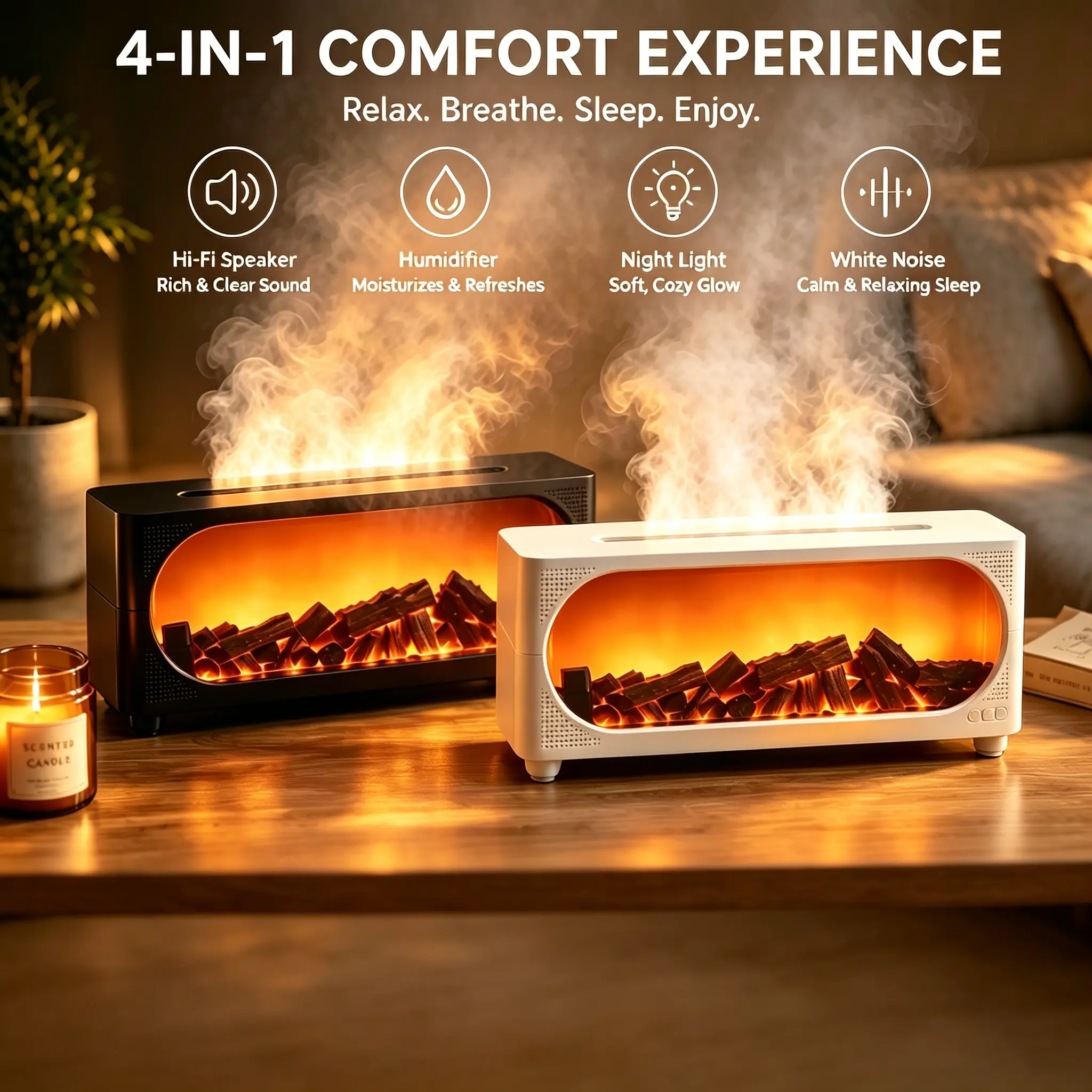 Fireplace flame Bluetooth speaker, air diffusion humidifier, 7-color night light, multifunction Bluetooth speaker, automatic shut-off when water is out, 450ML large capacity water tank, holiday gift,back to school,back to school haul