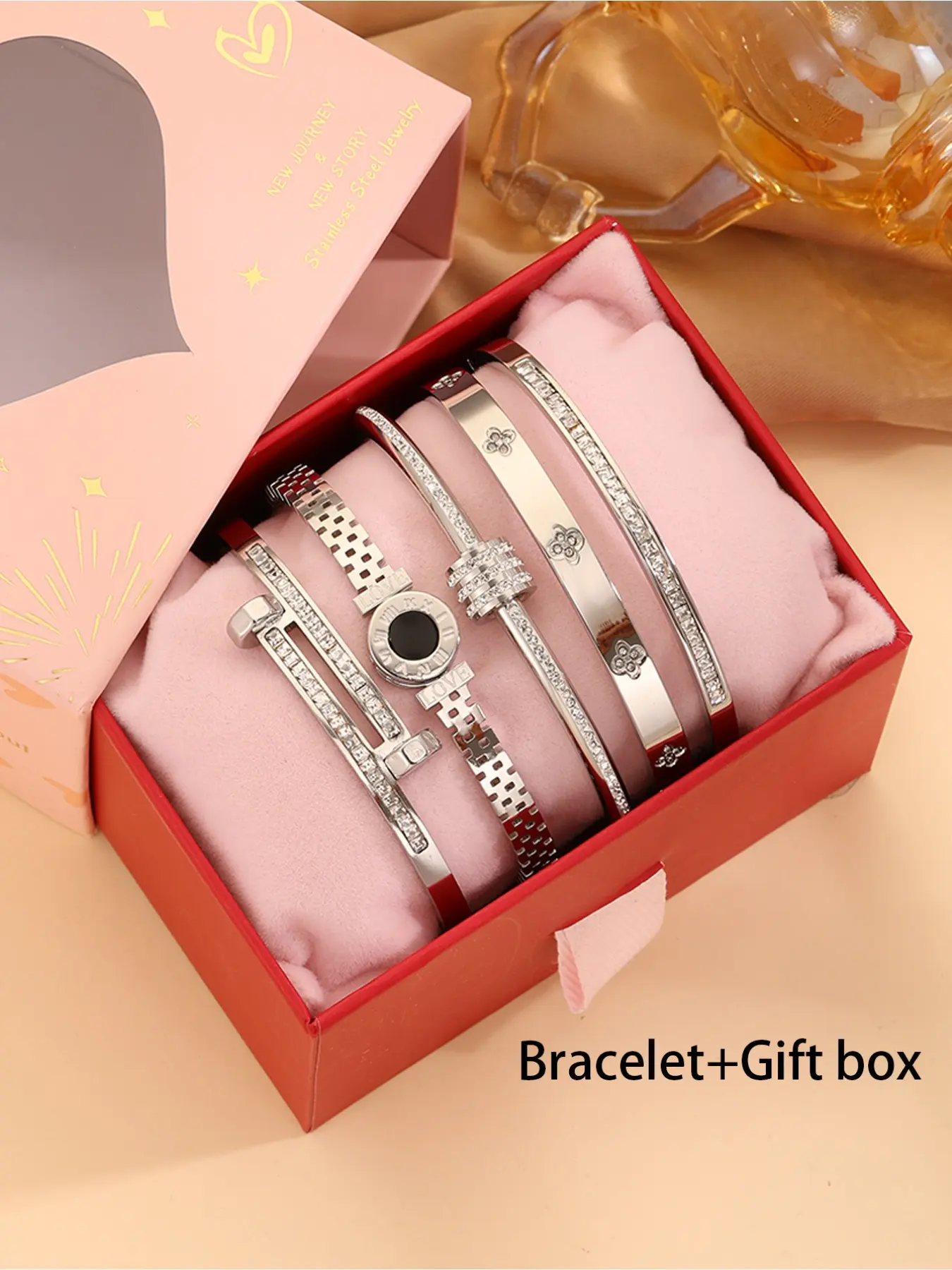 6-piece elegant and luxurious 304 stainless steel layered bracelet set with gift box, Bracelets Jewelry, Stackable Bracelets, suitable for both women and men, high-quality and fashionable items, suitable for Thanksgiving, Christmas, and New Year gifts