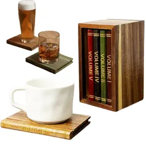 Book-Shaped Coasters Set of 5, 100% Teak Wood, Includes Wooden Base, Perfect for Coffee, Tea, Cocktails, Eye-Catching Desk Decor