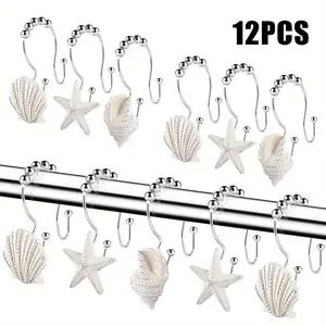 12Pcs/Set Seashell Double Glide Shower Curtain Hooks,Decorative Shower Curtain Hooks for Bathroom and Living Room,Valentine's Day Gifts,Tools & Hardware