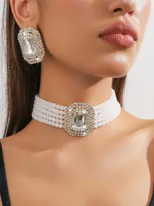 Elegant Rhinestone Decor Choker & Dangle Earrings, Luxury Matching Jewelry Set for Party, Daily Decor, Trendy All-match & Exquisite Jewelry for Birthday Gift, Maximalist Jewelry, Fashion Jewelry Set