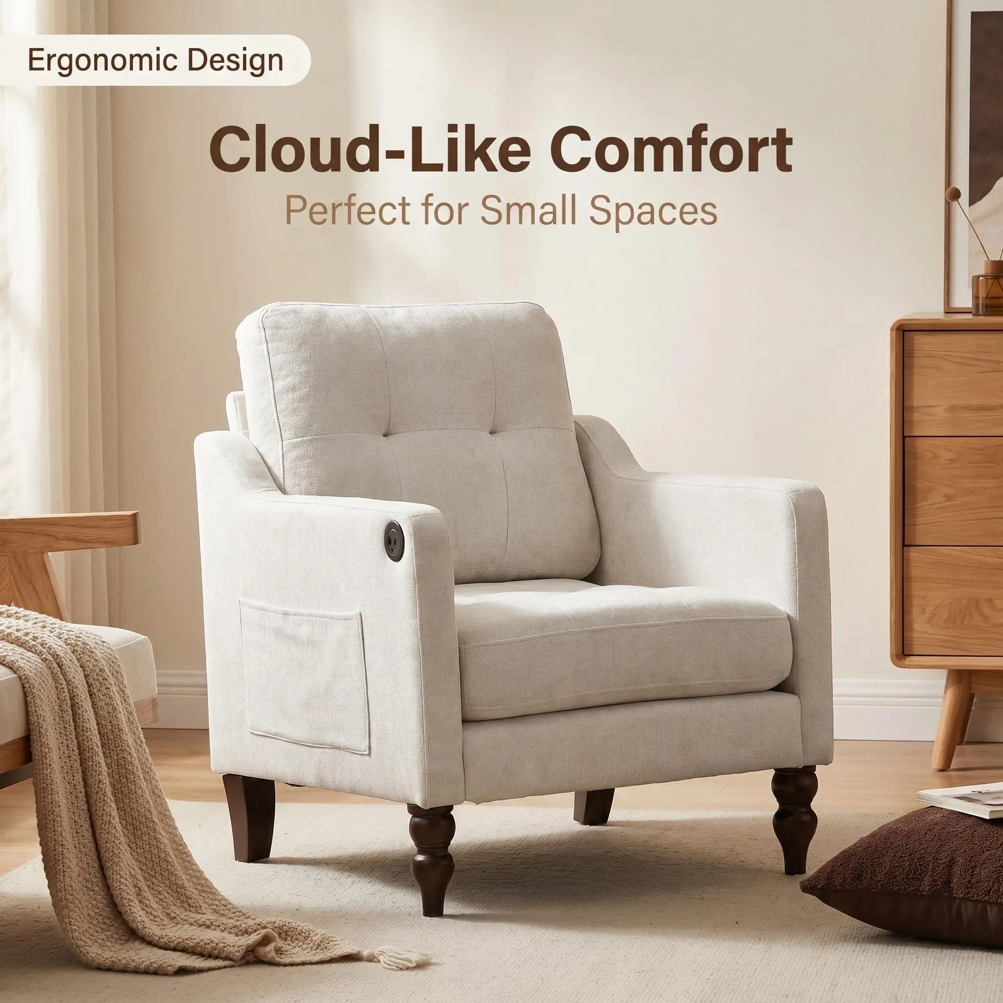 Accent Comfy Chenille Chair w/USB Charging Port Mid Soft High Support Rebound Sponge Ergonomic Wide Backrest Retro Wooden Legs Upholstered Arm Chair for Living Room Bedroom