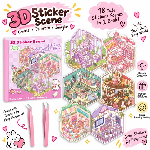 Christmas Gift DIY 3D Sticker Scene Collection Book for Stress Relief - 6 Sets of Make Your Own Mini Shop Scenes Stickers for Girls Kids Adult Sticker Therapy Cute Animal Stickers for Birthday with Tweezers