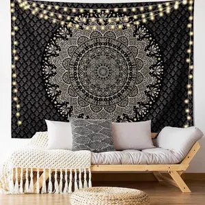 Black gold mandala tapestry tapestry with fantasy medal tapestry aesthetics Indian hippie decoration Bohemian art Bohemian home decoration bedroom, living room, dormitory, 80×60 inches
