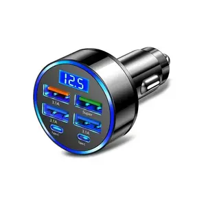 Digital Display Car Charger, 2 Type-C + 4 USB Ports, Multi-Device Cigarette Lighter Adapter, Compatible with IPhone and Samsung Phones