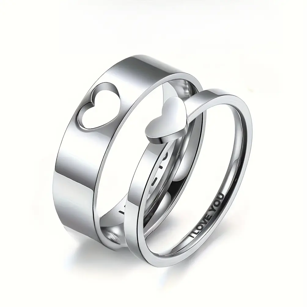 Unisex Stainless Steel Engagement Ring Heart-Shaped Cut Engraved with "I LOVE YOU" Symbolizing Commitment and Eternity