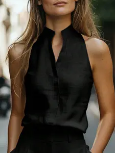 Women's 100% Linen Stand Collar Sleeveless Blouse, V-Neck Halter Button Down Shirt, Chic Elegant Office/ Daily/ Vacation Summer Tank Top, Minimalist Solid Linen Casual Streetwear