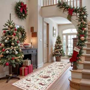 Christmas Velvet Rug with Snowflakes, Santa Claus, Reindeer, Elves, Gingerbread Men, Snowmen, Nutcracker Design, Washable, Various Sizes, Vintage Runner Rug