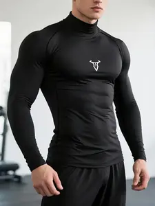 Men's High Neck Long Sleeve Compression Gym Shirt –  bull Print, Moisture-Wicking & High Elastic Fabric, Geometric Pattern, Slim Fit, All-Season Sportswear for Gym, Running & Training, Stylish & Durable Fitness Top, Compression Sports Tee