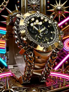 Street Heavy Metal Punk Style Men's Multifunctional Watch, Stainless Steel Watches, 316L Stainless Steel (Full Case), Men's High-Precision Quartz Chronograph with Rotating Bezel – Durable Design for Everyday Wear