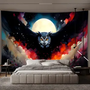 Ultra Large Size Fun Owl Full Moon Landscape Photo Background Cloth Wall Hanging, Polyester Tapestry For Living Room Bedroom Office Home Room Party Decoration Live Streaming Background Tapestry With Free Hanging Clips Wall Decoration