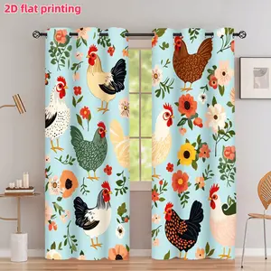2D Flat 2Pcs Farmhouse Style Chicken And Rooster Patterned Window Curtains, Country Floral Art Decor, Semi Sunshade Living Room Bedroom, Accessory, Anti Privacy.