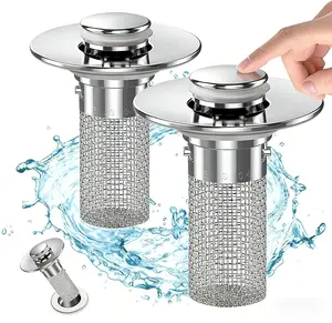 Sink drain filter,2 pcs Pop-Up Bathroom Sink Drain Strainer, Stainless Steel Hair Catcher Basket with Brass Drain Plug, Universal Fit for US Bathroom Sinks, Bathtubs, Showers & Floor Drains ,Clog Prevention