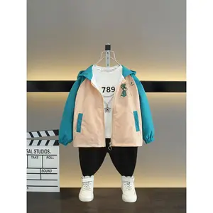 NewYoungsters' Cute Bear Print Hooded Jacket - Casual Loose Fit Zip-Up Coat for Boys & Girls Spring/Fall 100% Polyester Raglan Sleeve WP2904449