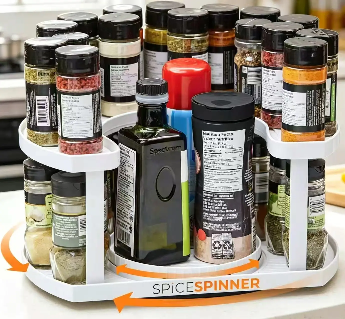 D-Shaped 2-Layer 360° Rotates Spice Rack, Plastic Adjustable Cabinet-Rack Countertop Organizer for 40 Spice Jars & Cylindrical Canisters, Space-Saving Large-Capacity Pantry Storage Holder, Racks, Condiment Jar Holder