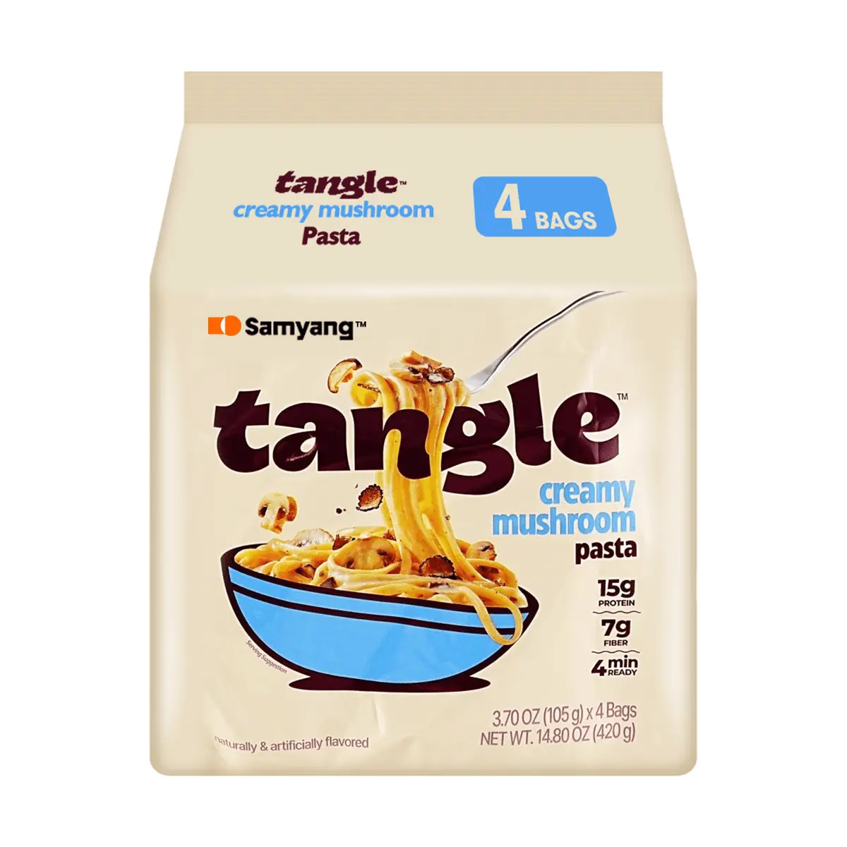 SAMYANG TANGLE Creamy Mushroom Pasta - 4 Pack (420g) | Low-Calorie, High-Protein, Non-Fried | Best-Selling Korean Snack