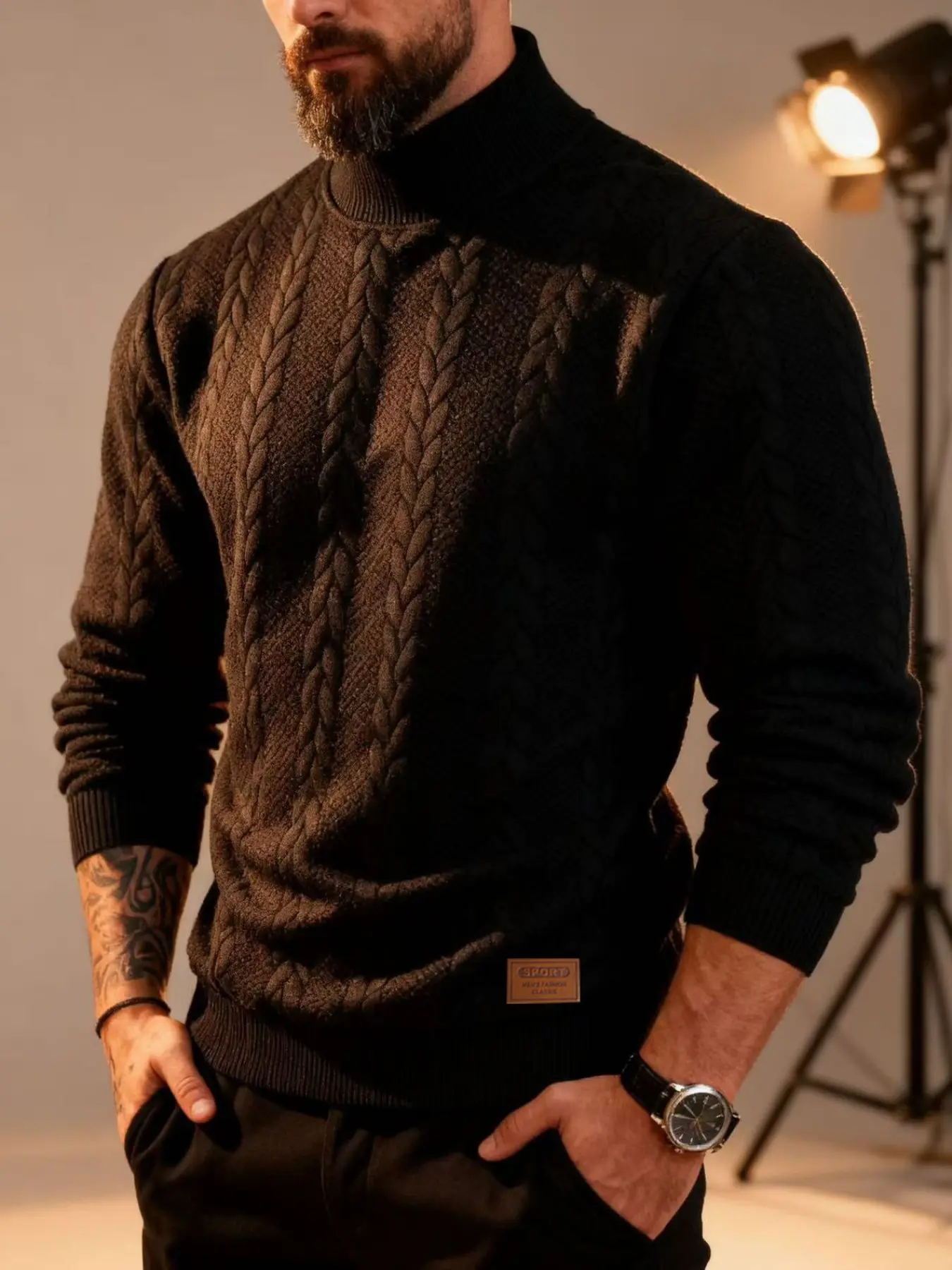 Men's High-Neck Casual Fashion Fitted Sweater, Warm Winter Textured Plain Knitwear, European & American Style Large Size Clothing