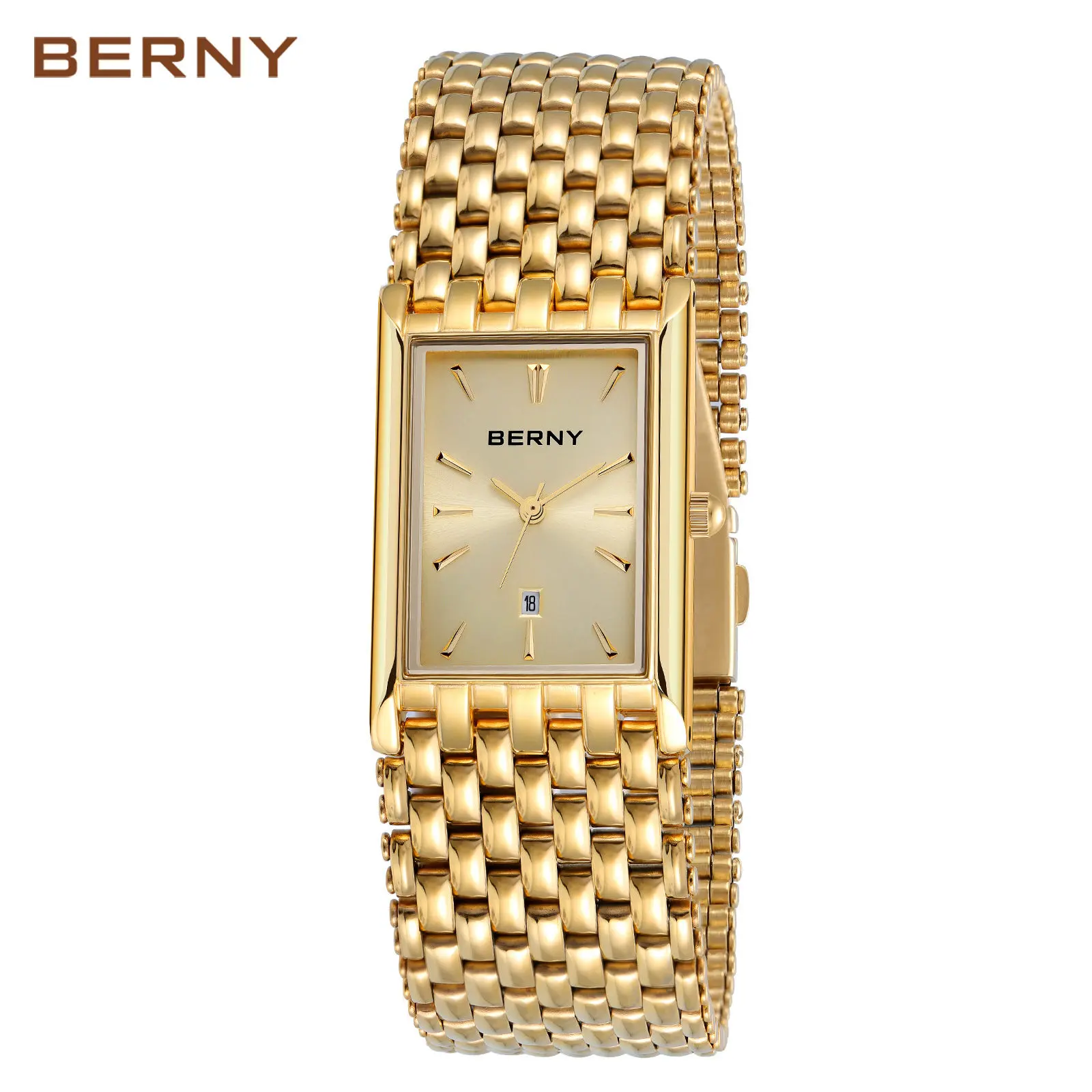 BERNY Men's Gold Watch – Vintage-Style Square Quartz Wristwatch, All Stainless Steel, Adjustable Bracelet, 30M Water-Resistant, Luxury Casual Business Gift for Him, Reloj de Hombre, Couple Watch, Father's Day, Summer Wins