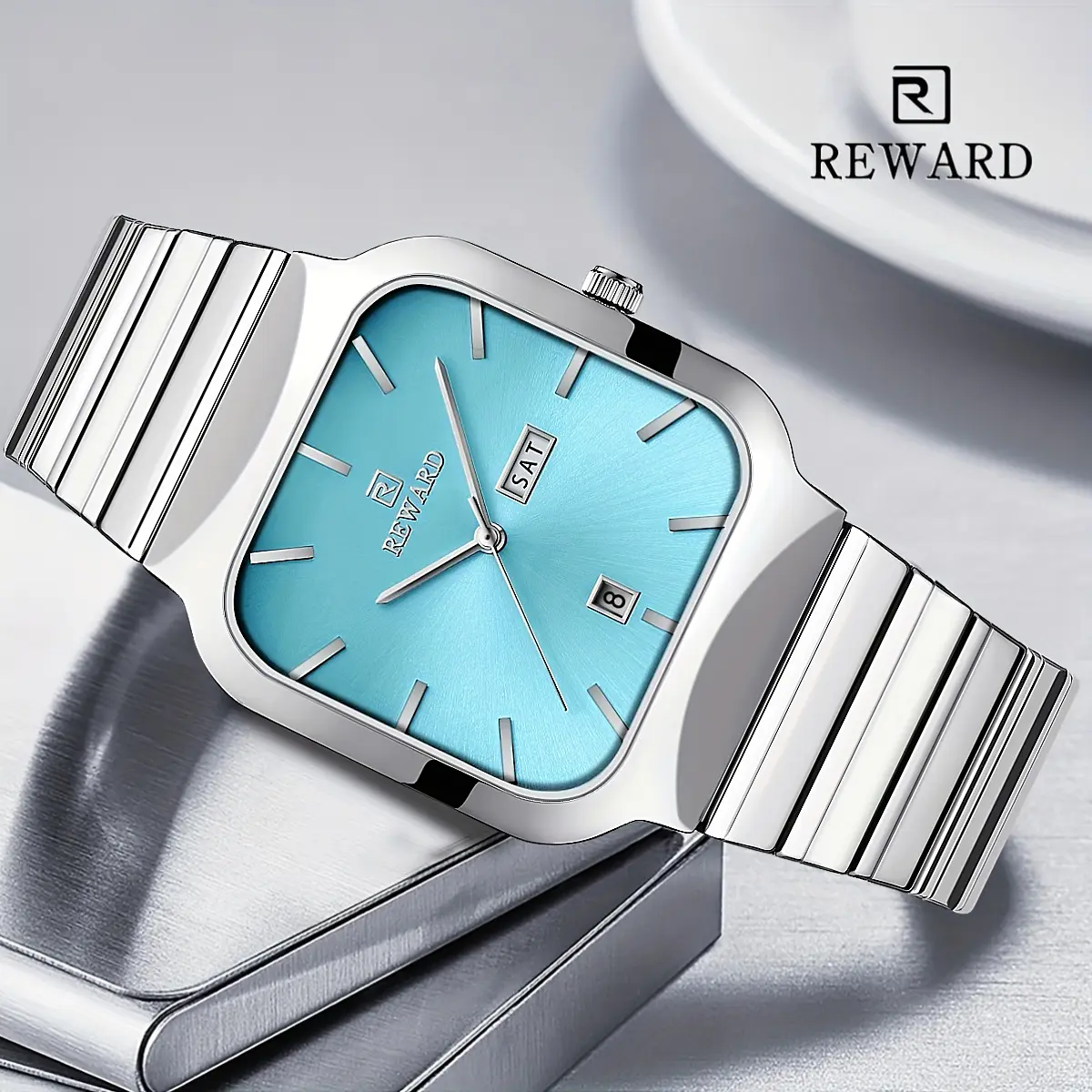 REWARD Men's Rectangular Quartz Watch, Luxury Business Stainless Steel Timepiece with Waterproof Date Function and Ice Blue Dial, Rectangular Quartz Watches, Square-Face Quartz Watches, Stainless Steel Quartz Watches