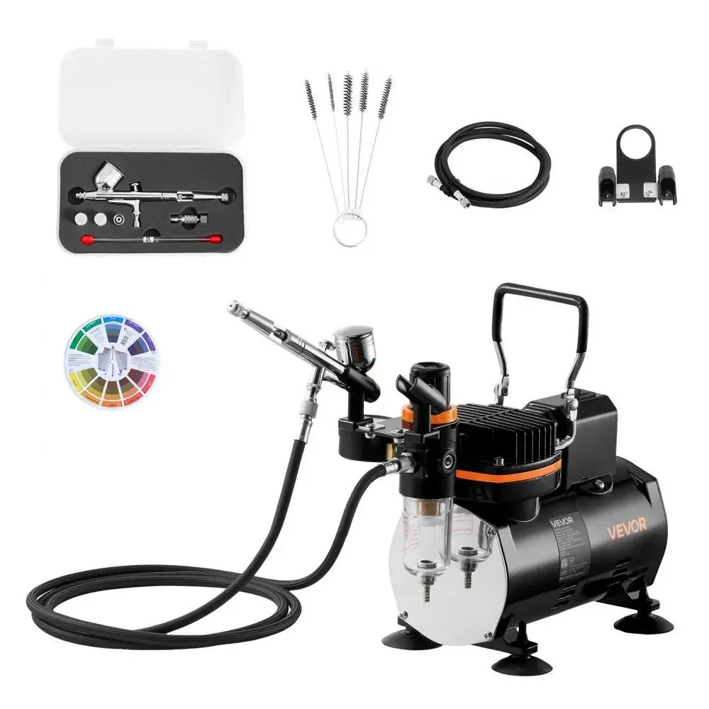 【Summerfinds】VEVOR Airbrush Kit, 1/6 HP, Air Brush Kit with Air Compressor, 1 Dual-Action Professional Airbrush with 3 Tips, Hose, Holder, Cleaning Set, Low Noise, for Cake Decorating, Model Painting, Nail Art