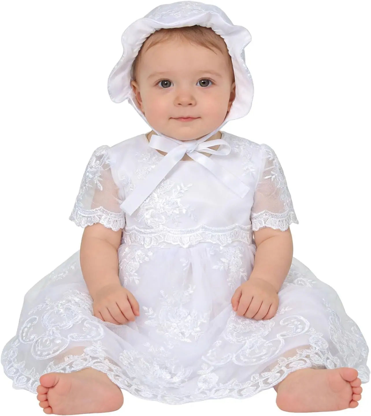 Girls Christening Baptism Dress White Lace Embroidered Gown with Bonnet Formal Ceremony Outfit